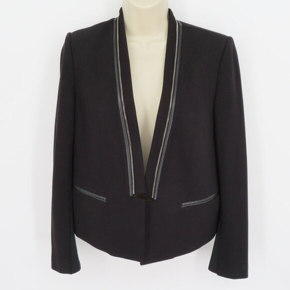 Rebecca Taylor Womens 6 Open Front Black Zipper Faux Leather Trim Blazer Jacket - Picture 8 of 9
